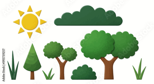 Illustration of trees and plants under a sunny sky with clouds in a serene landscape view