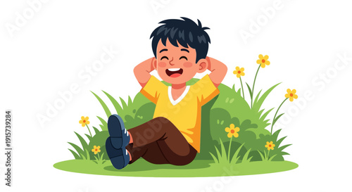 A young boy relaxing in a lush green meadow surrounded by vibrant flowers