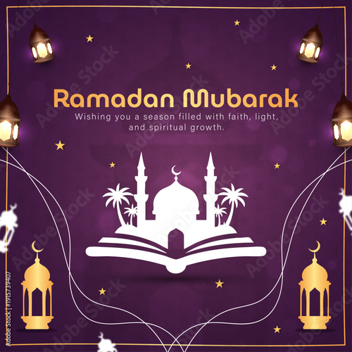Ramadan Mubarak Greeting with Mosque and Golden Lanterns, Islamic Holy Month Purple Background with Spiritual Symbols, Elegant Ramadan Kareem Social Media Post with Palm Trees, Modern Muslim Celebrati