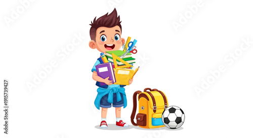 A young boy excitedly holding a bucket of school supplies with a backpack and soccer ball nearby