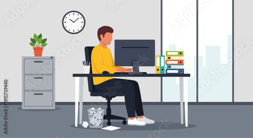 Man working on computer in modern office with desk and books