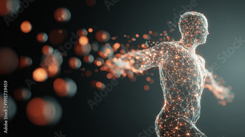 Futuristic human body outline with glowing spheres representing health technology