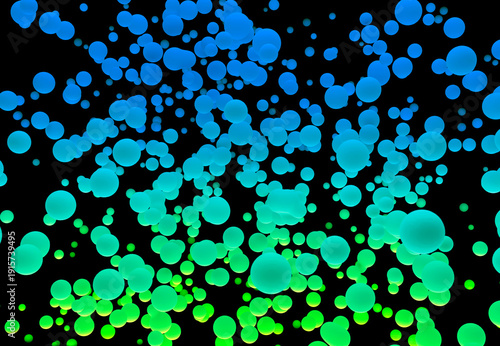 Abstract 3D rendering of floating spheres with blue and lime green gradient on black background