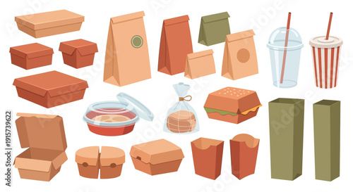 Assorted takeaway packaging and disposable cups on a clean white background, showcasing various food containers and beverage holders