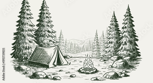 Camping scene with tent and campfire in forest surrounded by trees and rocks from a distant viewpoint