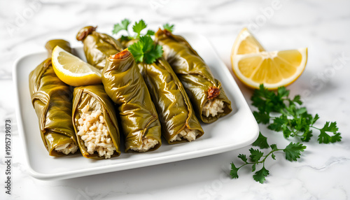 Lebanese vegan stuffed grape leaves on platter