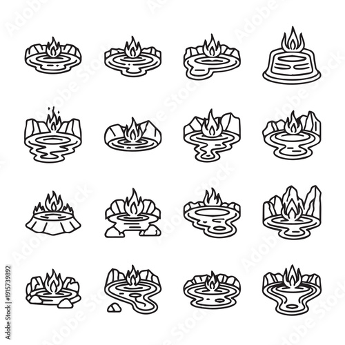 Collection of stylized hot springs icons with fire and rocks clean line art