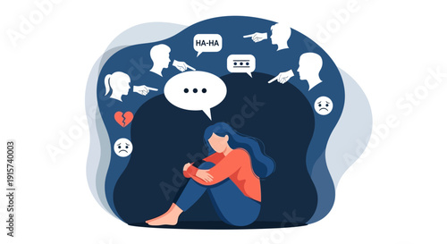 A young woman sitting alone surrounded by thought bubbles and emotions, lost in her thoughts