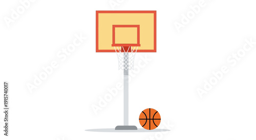Basketball hoop and ball on a court, viewed from the side, illustrating sports equipment and recreational activity