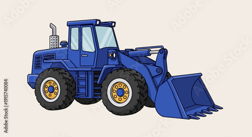 Front loader tractor with large bucket lifting heavy load on construction site, viewed from side angle