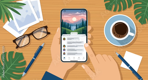 Person holding a smartphone displaying a serene landscape scene on a wooden desk surrounded by office supplies and plants from a top-down viewpoint