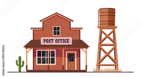 Vintage post office building with a water tower standing beside it in a serene landscape from a frontal viewpoint