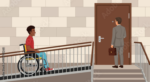 Man in wheelchair navigating ramp to office entrance while another man stands at doorway holding briefcase