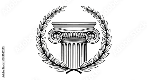A detailed black and white illustration of a classical column surrounded by a wreath viewed from the front