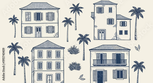 Tropical houses and palm trees illustration set in a serene coastal environment from an aerial viewpoint