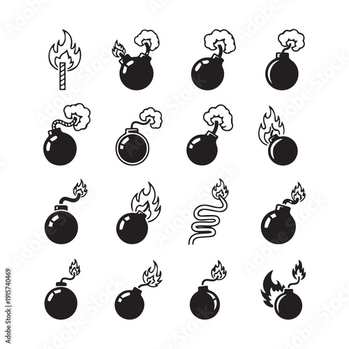 Exploding Bomb Icons Set Danger Symbol Fire Fuse Comic Style Vector Illustration