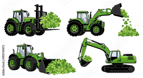 Set of green tractors and excavators performing various agricultural tasks from multiple viewpoints