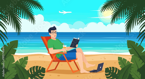 Man working on laptop on a sandy beach surrounded by palm trees with a clear blue sky and ocean view