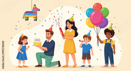 Family Celebrating a Birthday Party with Balloons and Gifts in a Joyful Scene