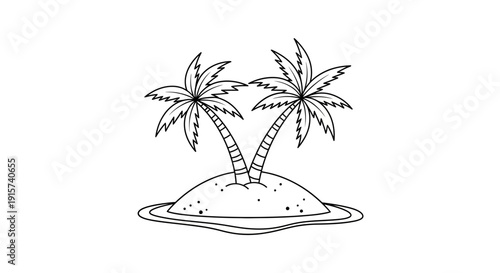 A serene tropical island with two palm trees on a small landmass surrounded by water, line art illustration, simple, clean, and minimalistic