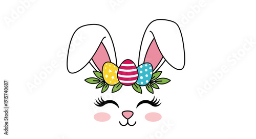 A cartoon bunny face with Easter eggs and floral wreath on its head, viewed from the front