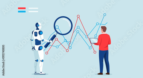 A human and robot analyzing complex data trends together with a magnifying glass
