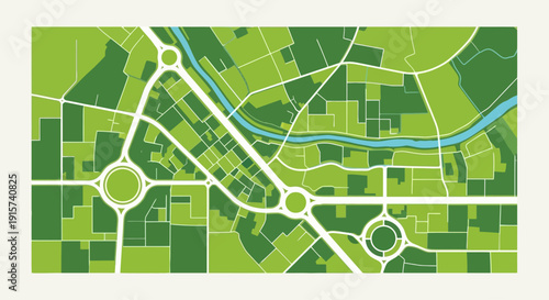 Aerial view of a city map with green spaces and infrastructure