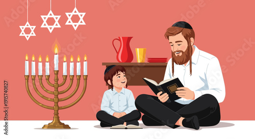 Father and son sitting together on the floor, reading and celebrating Hanukkah with a lit menorah nearby