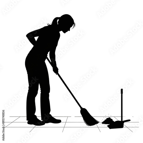 Woman sweeping with a broom isolated on transparent background.