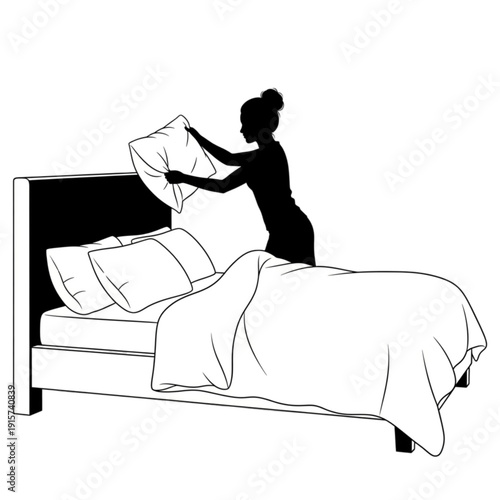 Woman making a bed with pillows isolated on transparent background.