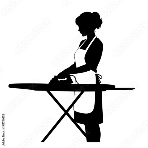 Woman ironing clothes on ironing board isolated on transparent background.