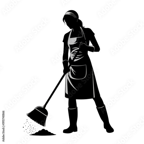 Woman wearing apron holding shovel isolated on transparent background.