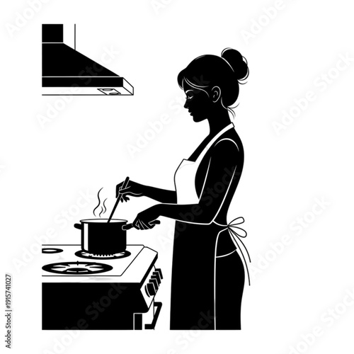 Woman cooking in the kitchen stirring isolated on transparent background.