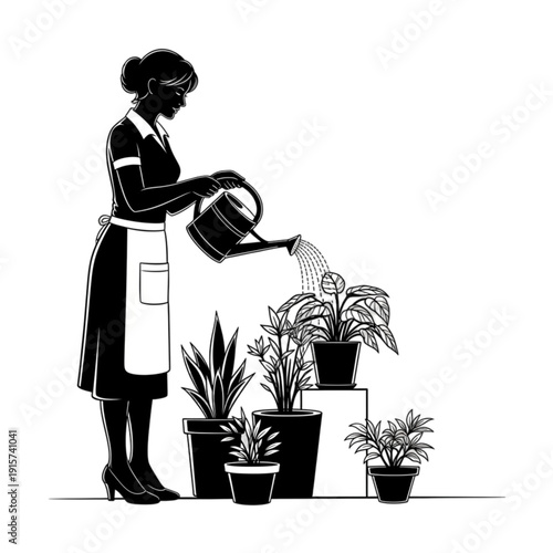 Woman watering potted house plants indoor isolated on transparent background.
