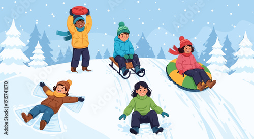 Children playing in the snow on a winter day with sleds and tubes on a snowy hill