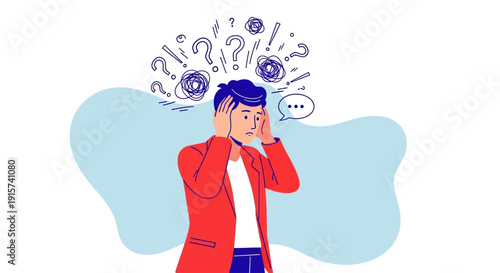 Man experiencing confusion and uncertainty standing with hands on face surrounded by question marks in a contemplative state
