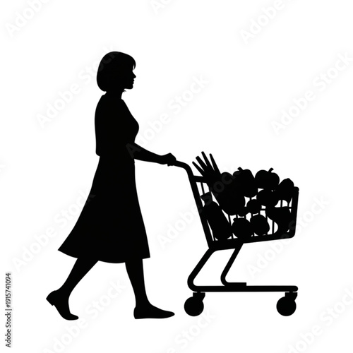 Woman pushing a shopping cart filled isolated on transparent background.