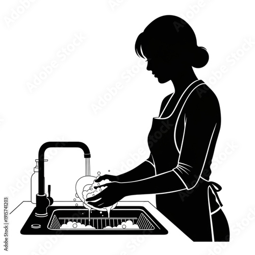 Woman washing dishes in kitchen sink isolated on transparent background.