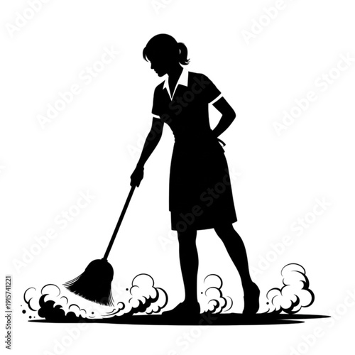 Woman sweeping the floor with broom isolated on transparent background.