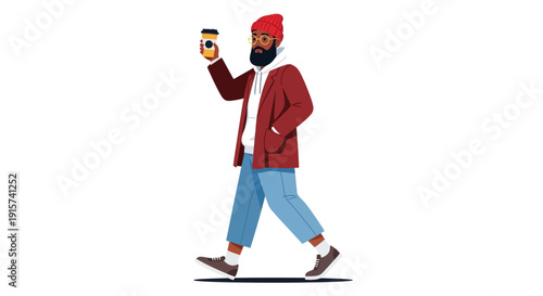 Man walking while holding a bottle, illustration of a person in casual attire, viewed from the side.