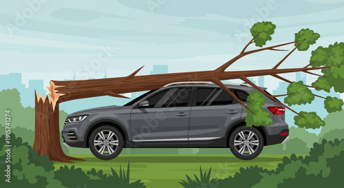 A grey car parked under a fallen tree in a serene outdoor setting viewed from the side