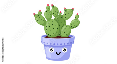 A cartoon cactus in a smiling pot, front view, illustration, cute character, decorative