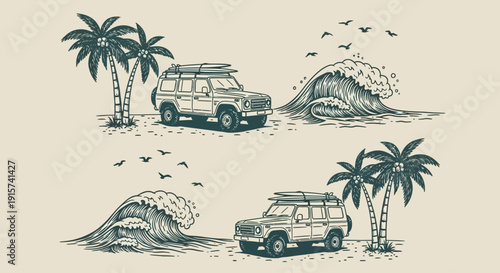 Vehicle on beach with palm trees and waves, illustrated from a distance, showcasing a serene coastal landscape scene.