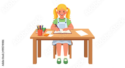 A young girl sitting at a wooden desk, engaged in drawing with pencils and paper, surrounded by art supplies.