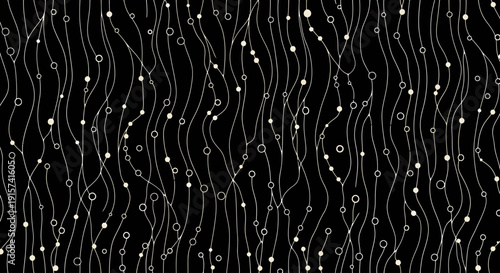 Undulating white wavy lines and scattered dots on a black background viewed from a straight-on perspective