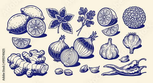 Assorted spices and ingredients arranged in a decorative blue-toned illustration showcasing various textures and elements.