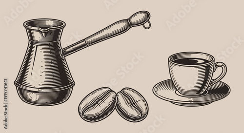 A coffee maker, coffee beans, and a cup of coffee on a saucer, depicted in a detailed illustration.