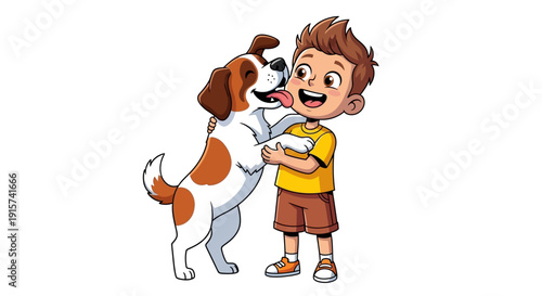 A young boy happily hugging his dog in a vibrant outdoor setting, cartoon illustration, joyful moment, playful atmosphere, and friendly interaction.