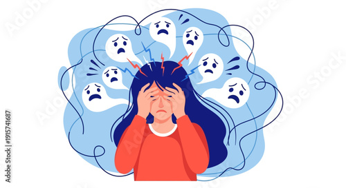 A young woman overwhelmed with negative thoughts and emotions swirling around her