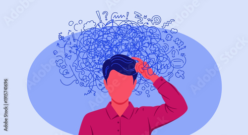 A person overwhelmed by thoughts and emotions in a chaotic mental state illustration